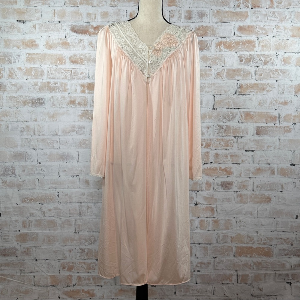 True Vintage 70s Button Up Waterfall Drape Front Midi Length Lace Trim Nightie